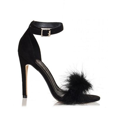 Black Faux Suede Feather Detail Heeled Sandals